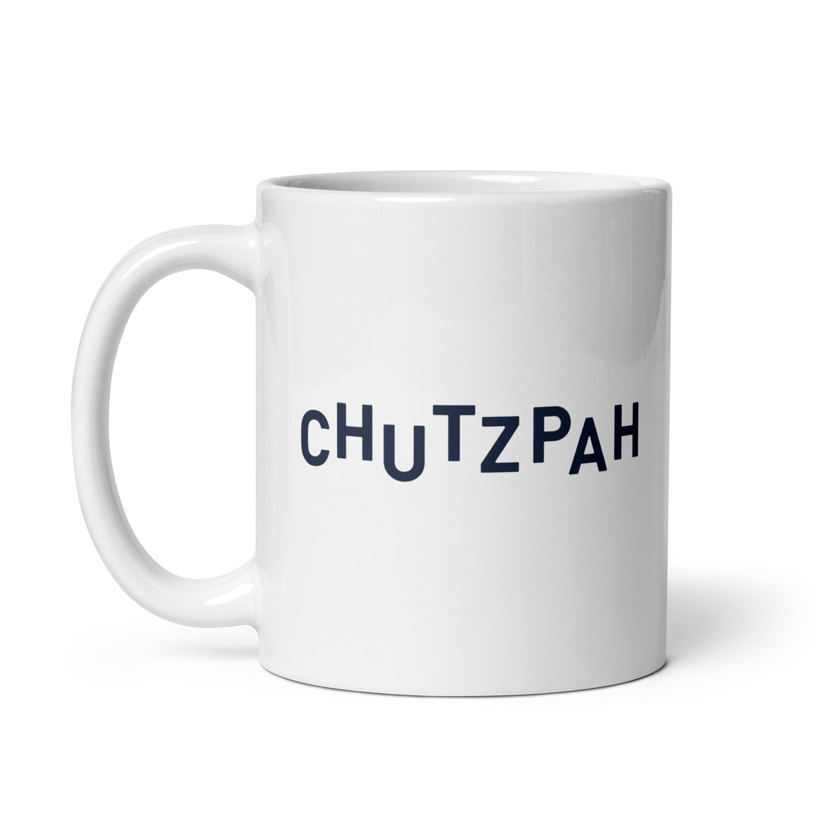 Chutzpah white ceramic mug by I'm That Jew®, angled view with handle on left