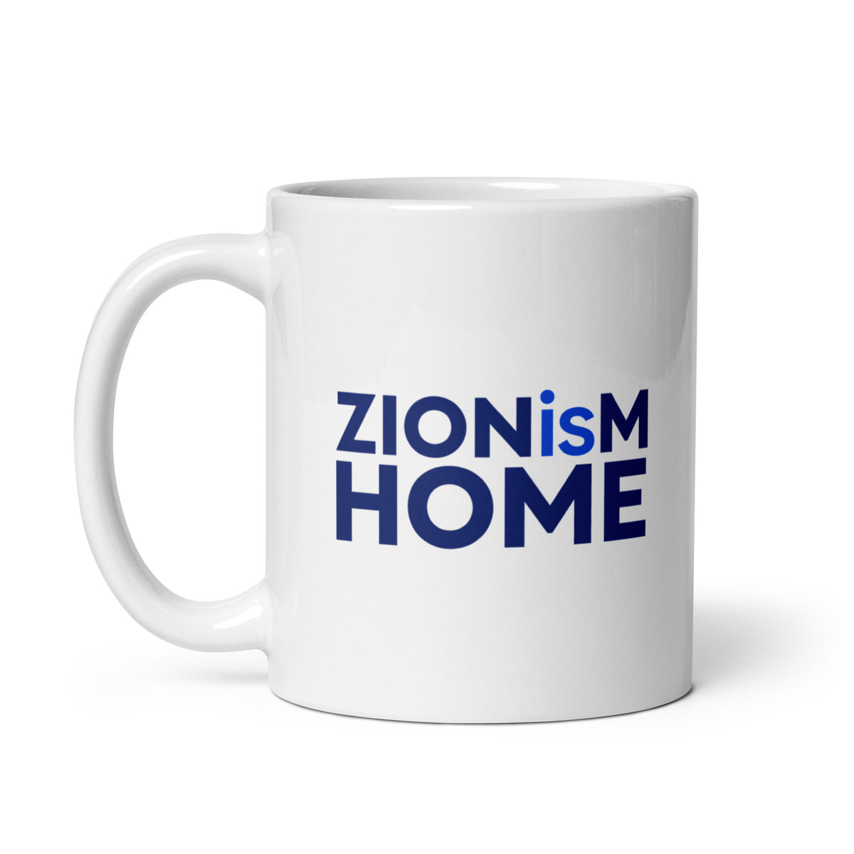 ZIONisM Home white ceramic mug, view with handle on left