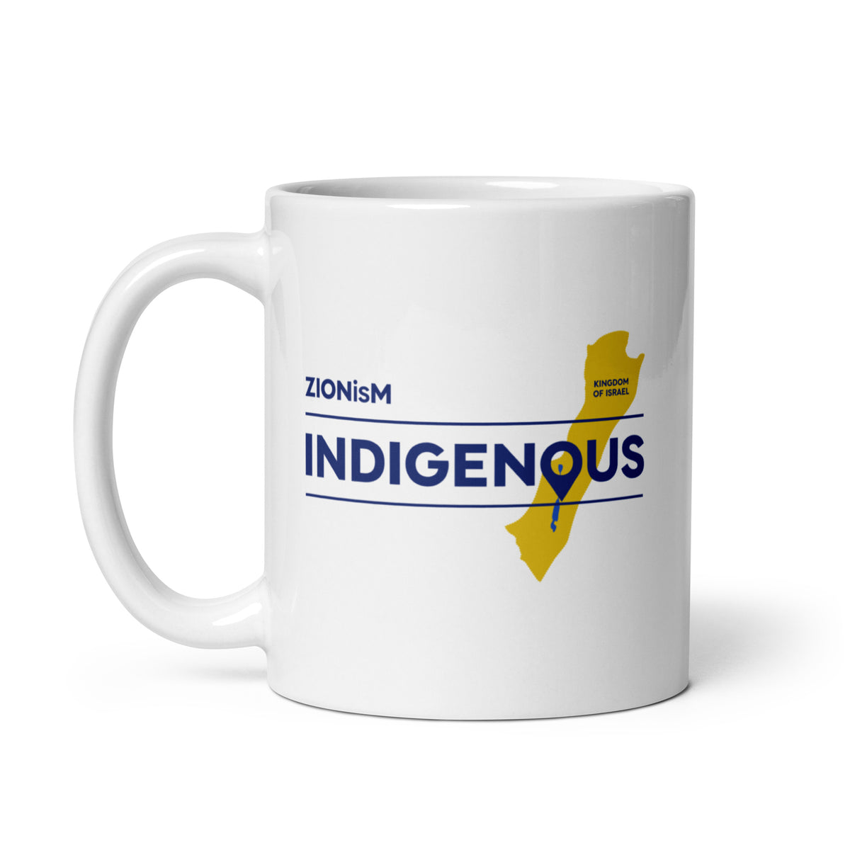 ZIONisM Indigenous white ceramic mug, angled view with handle on left