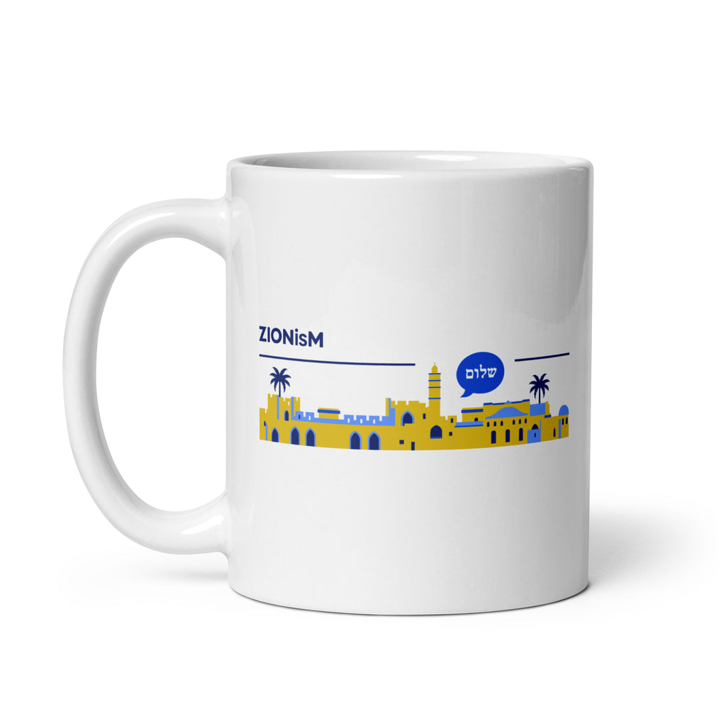 ZIONisM Shalom white ceramic mug with handle on left