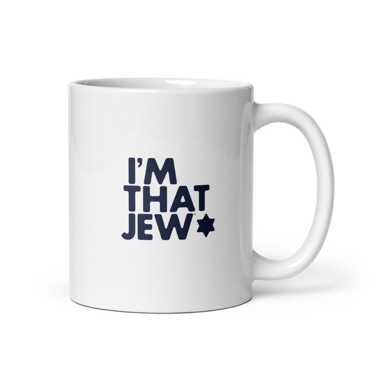 White ceramic I'm That Jew® Chai mug shown with handle on the right