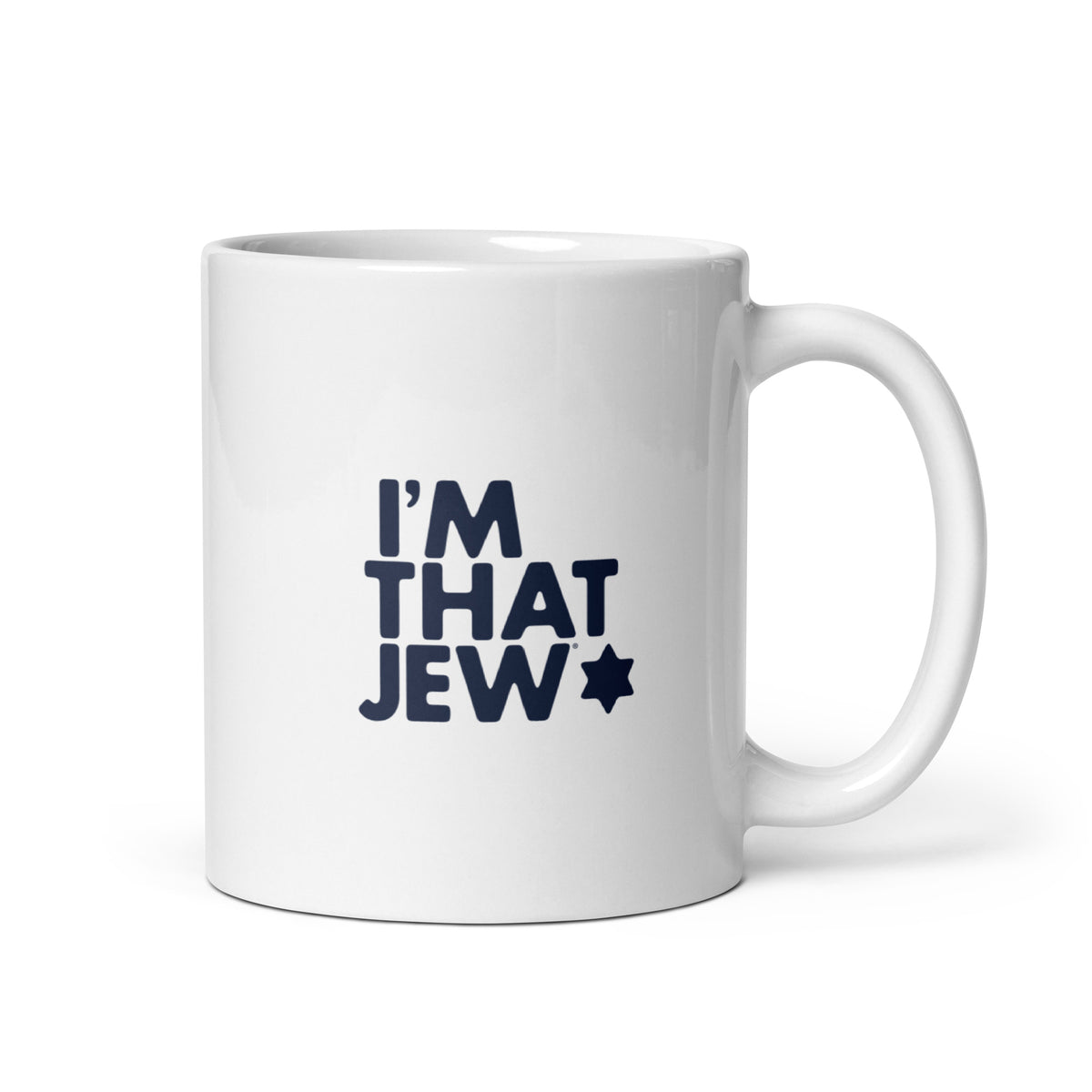 Chutzpah white ceramic mug by I'm That Jew®, angled view with handle on right