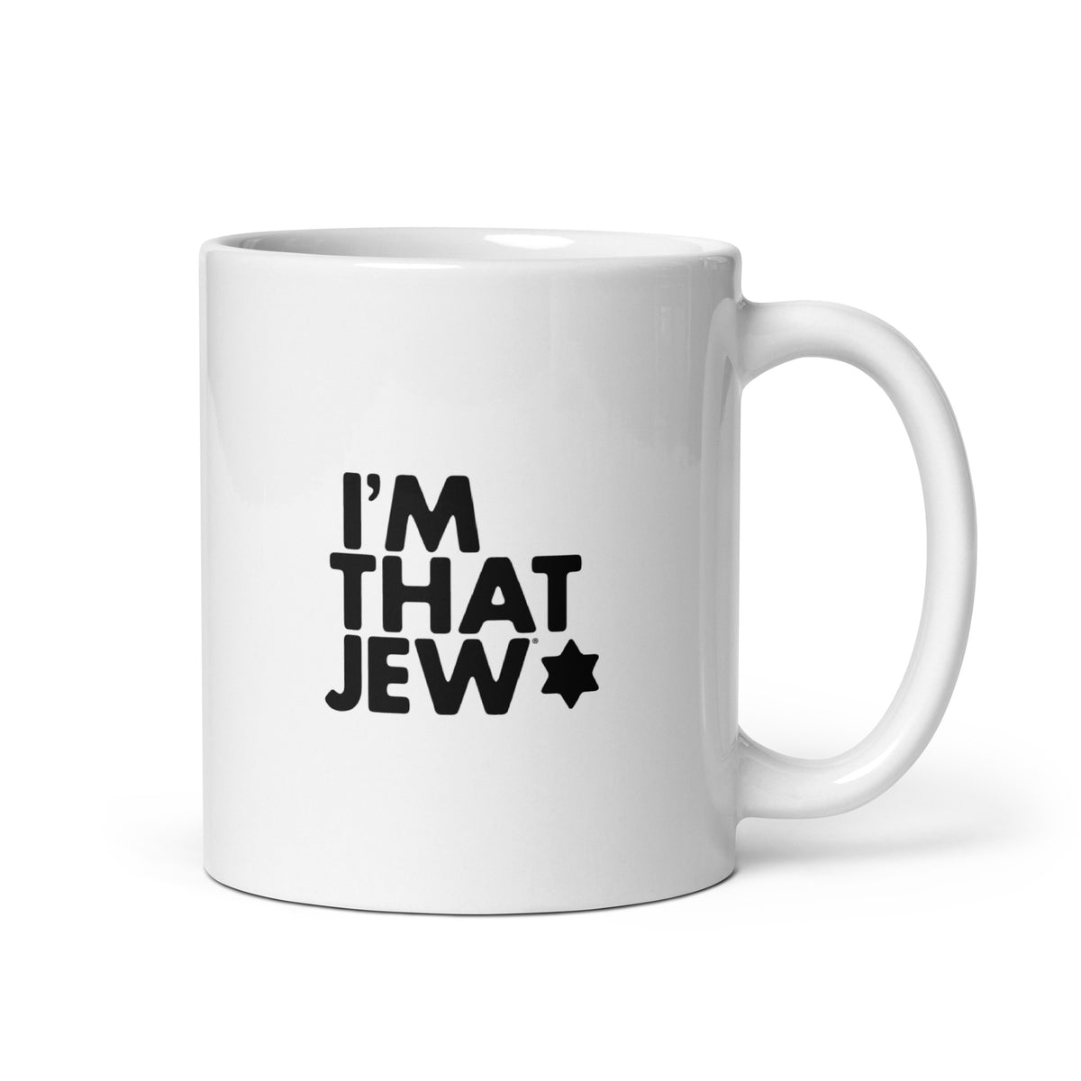 White ceramic I'm That Jew® mug with black logo, handle on right