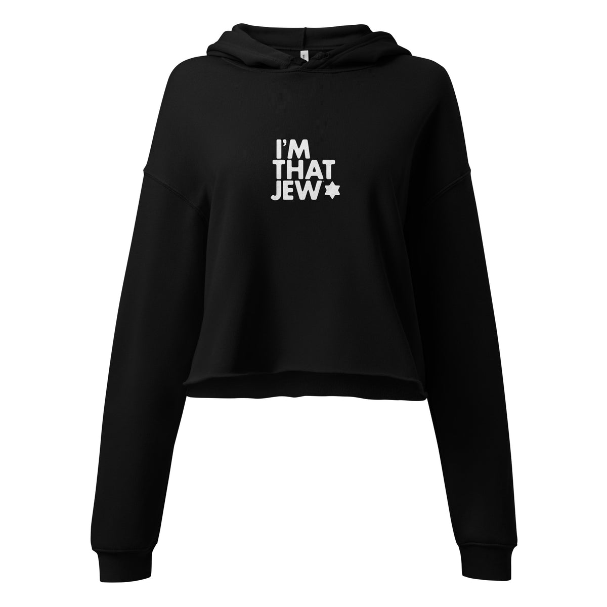 Black I'm That Jew cropped fleece hoodie, front view with graphic design and raw hem
