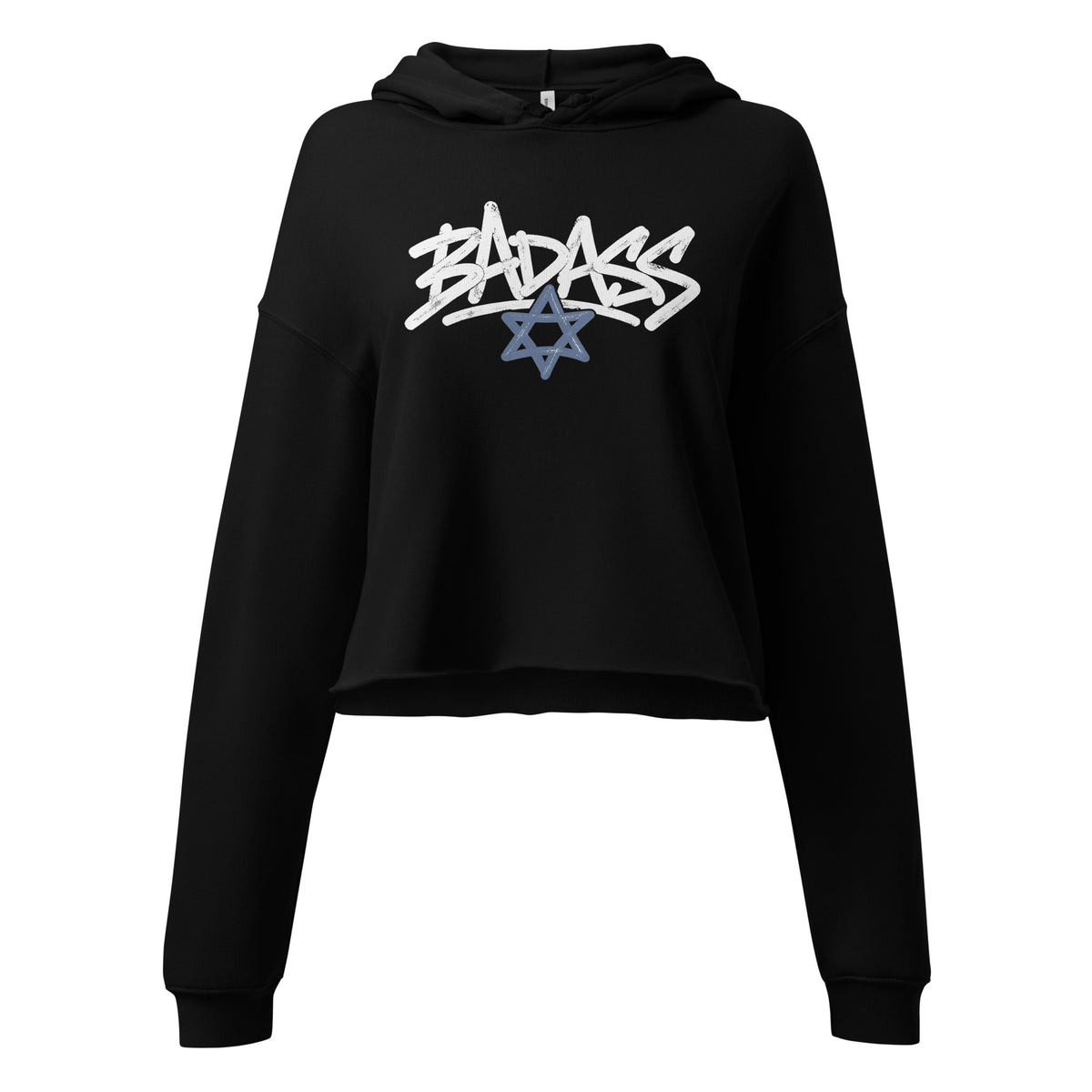 Front view of black Badass Jewish women's cropped hoodie with white graffiti lettering and blue Star of David