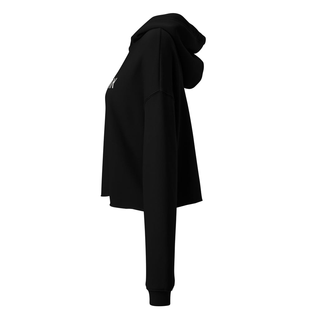 Side view of the black AHAVA cropped hoodie