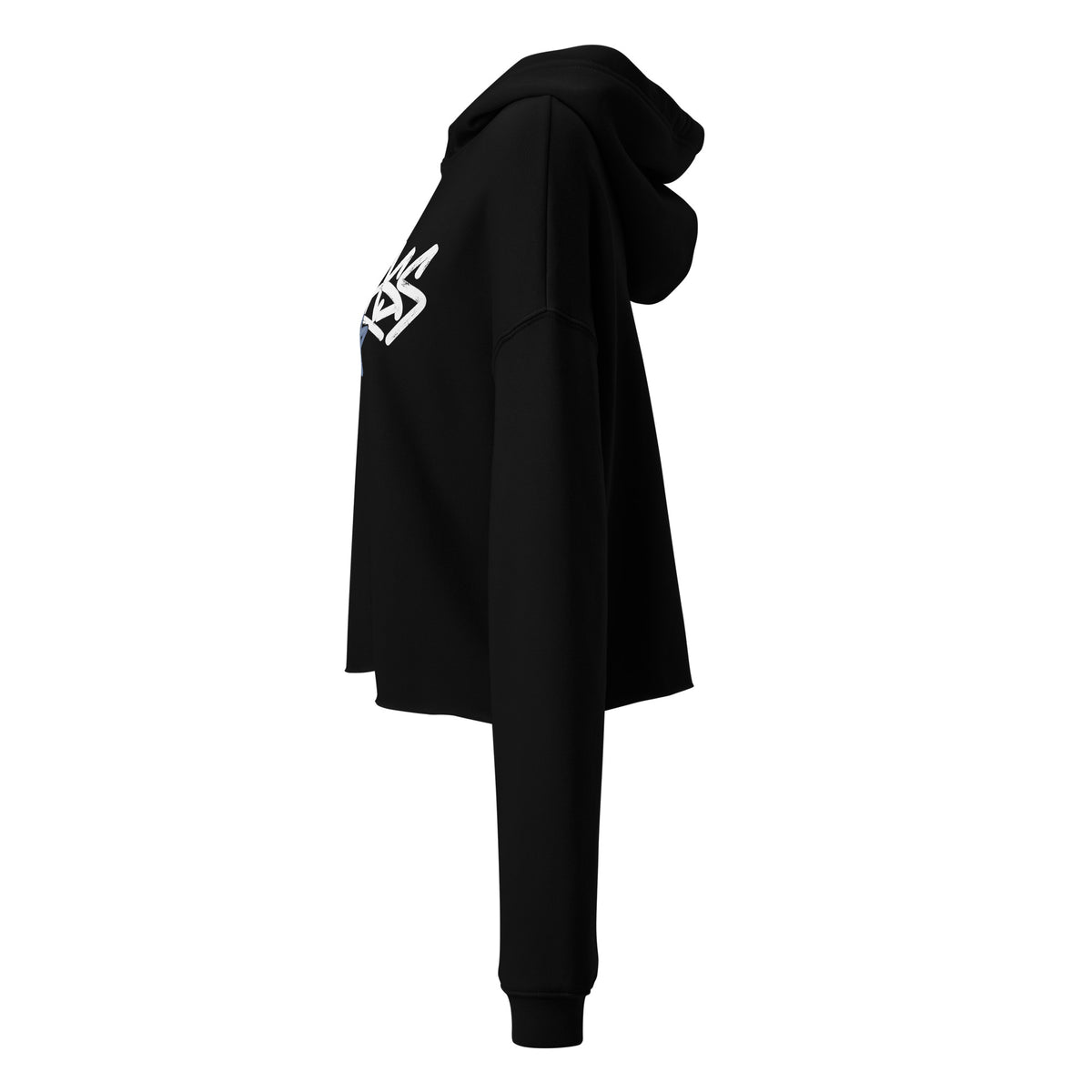 Side view of black Badass Jewish women's cropped hoodie showing dropped shoulders and cropped fit