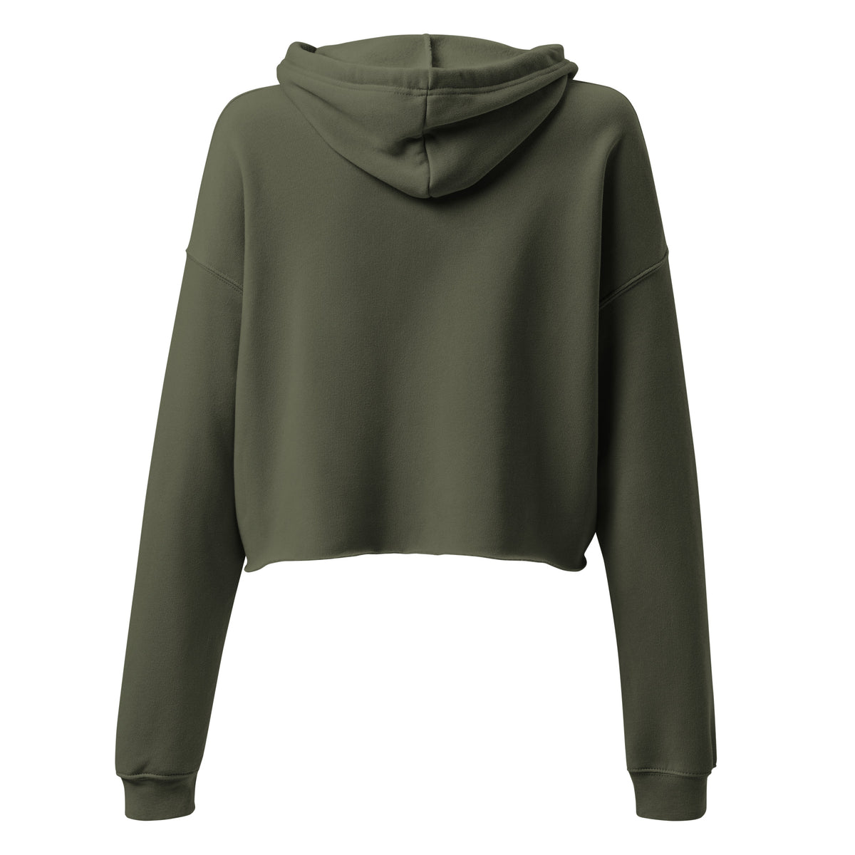 Back view of the AHAVA olive green cropped hoodie