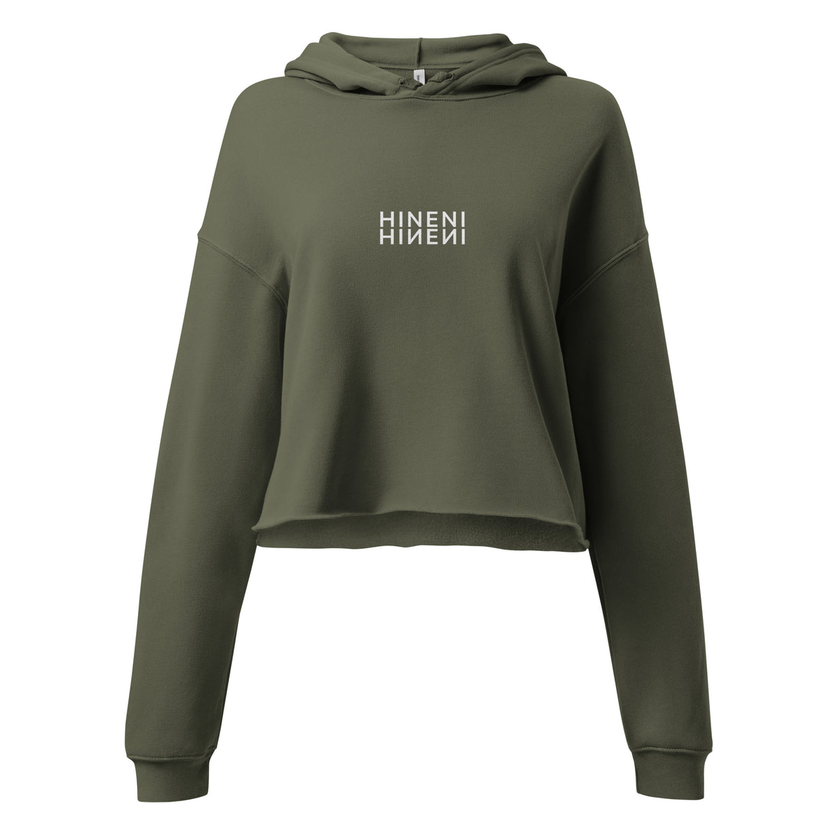 HINENI women's cropped hoodie in Olive Green with white mirrored lettering on the chest, dropped shoulders, and a raw-edge hem.