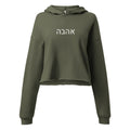 Olive green women's cropped hoodie with white Hebrew אהבה lettering across the chest, dropped shoulders, long sleeves, and a raw-edge hem.