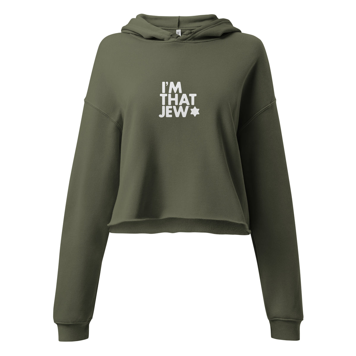 Olive green I'm That Jew cropped fleece hoodie, front view with graphic design and raw hem
