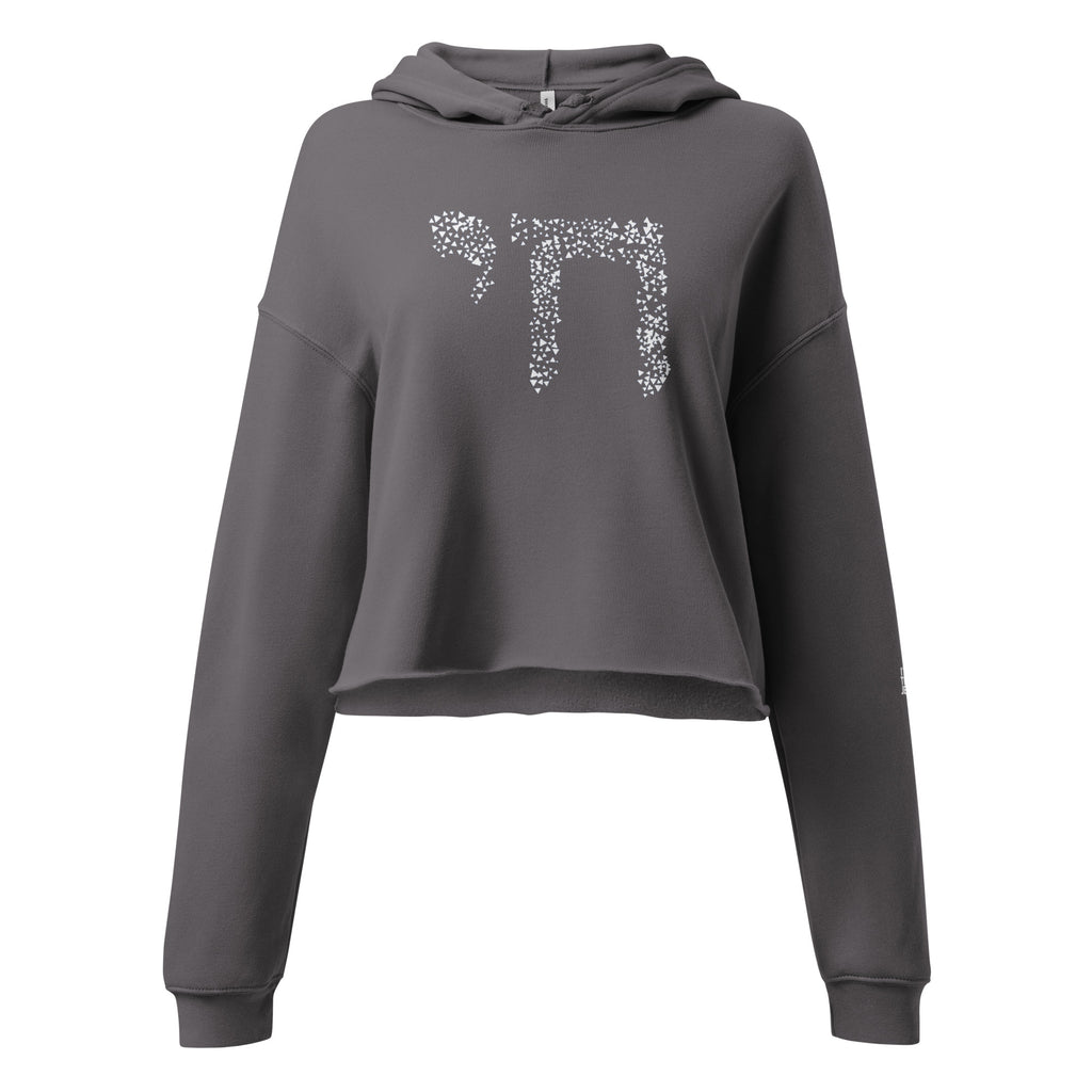 Left-side view of the storm Chai cropped hoodie featuring the I'm That Jew logo on the sleeve.