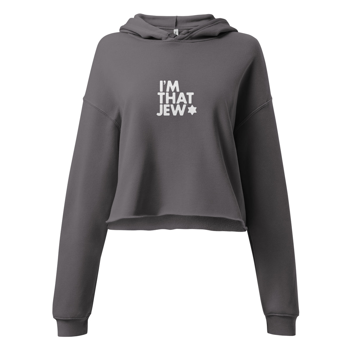 Storm gray I'm That Jew cropped fleece hoodie, front view with graphic design and raw hem