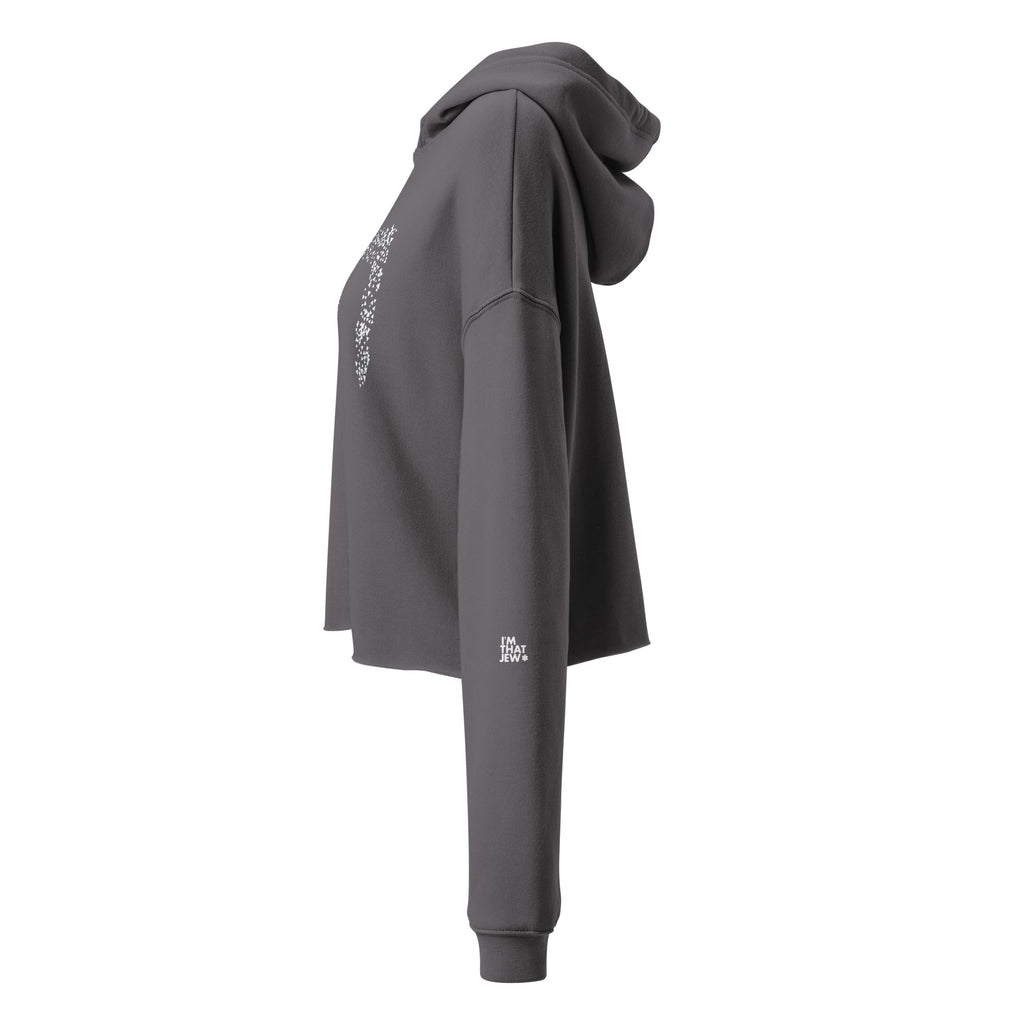 Left-side view of the storm Chai cropped hoodie featuring the I'm That Jew logo on the sleeve.
