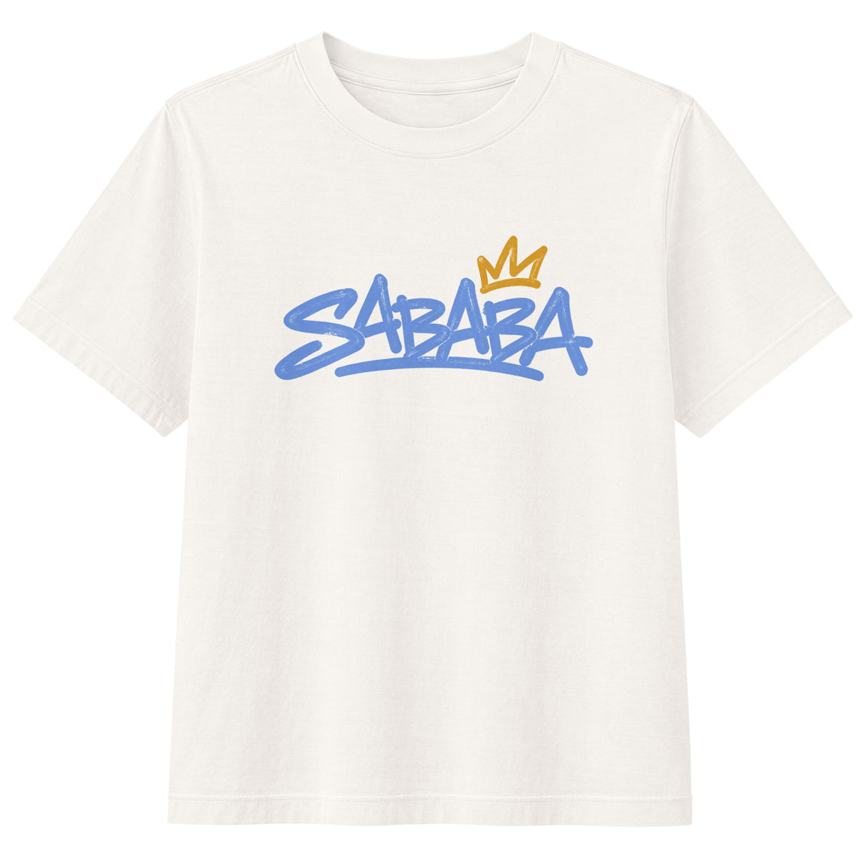 Vintage White SABABA Graffiti Tee with blue graffiti lettering and gold crown graphic