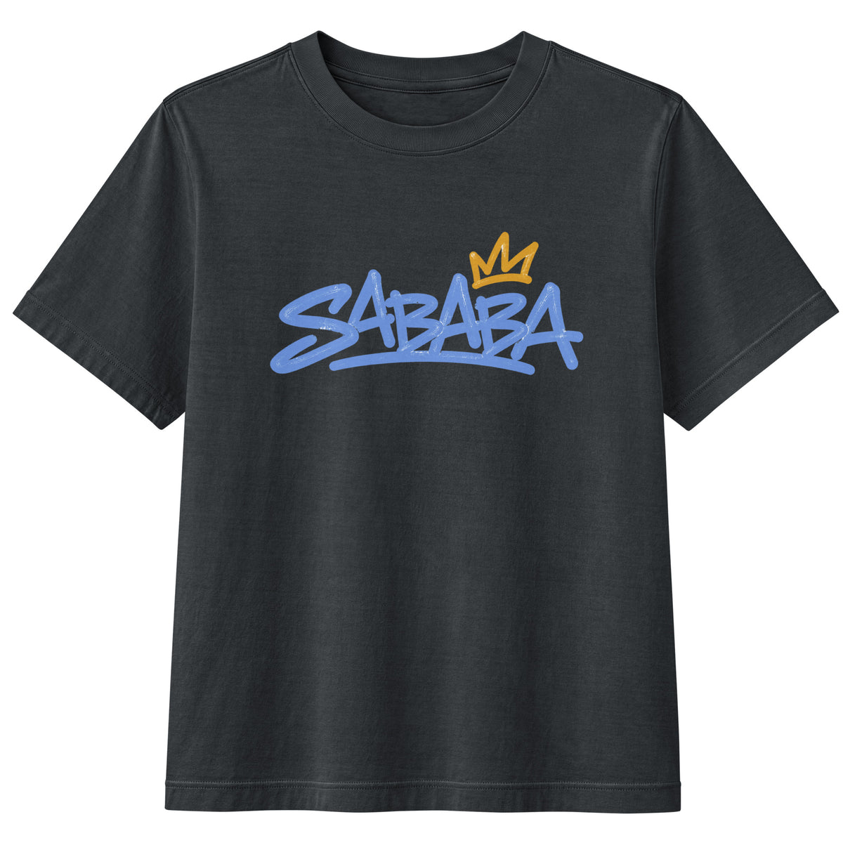 Washed Black SABABA Graffiti Tee with blue graffiti lettering and gold crown graphic