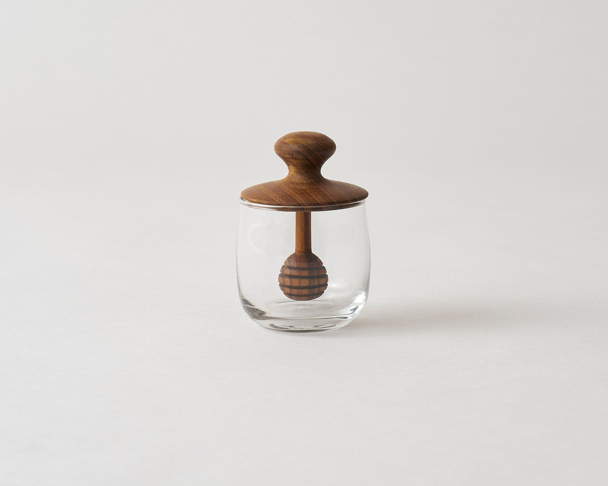 Handcrafted wood and glass honey jar with dipper by Oneg