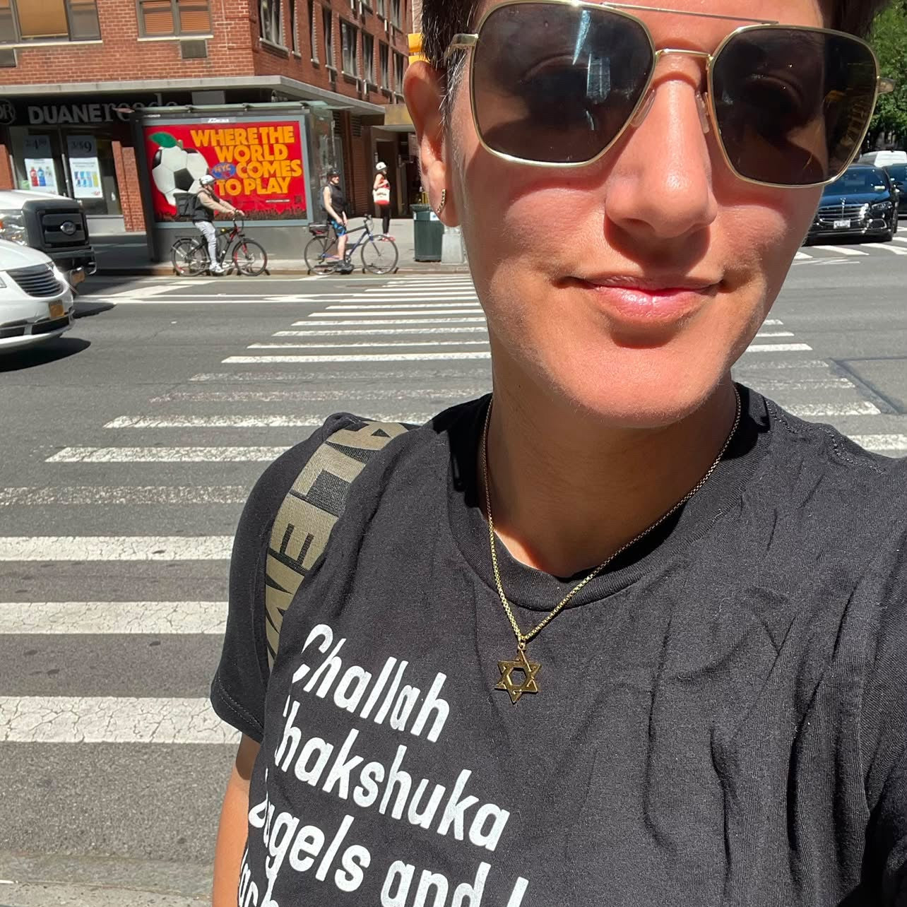 Yardenne Greenspan wearing The Ten Jewish Foods T-Shirt in New York City