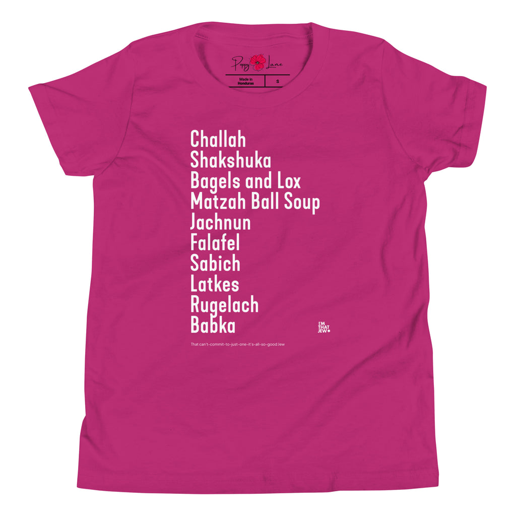 The Ten Jewish Foods youth T-shirt by Eitan Chitayat in Berry, front view of printed design