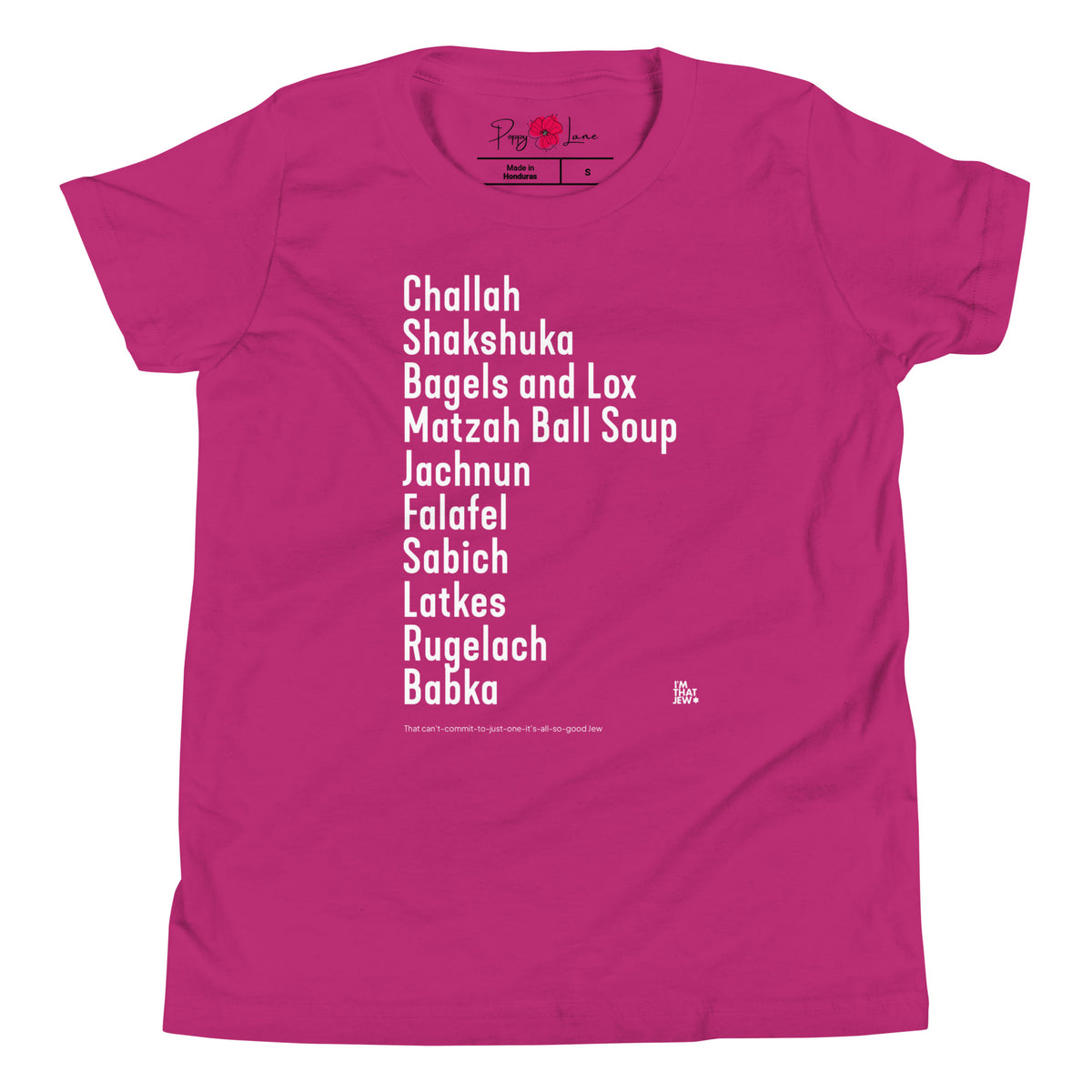 The Ten Jewish Foods youth T-shirt by Eitan Chitayat in Berry, front view of printed design