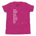 The Ten Jewish Matriarchs youth T-shirt by Eitan Chitayat in Berry, front view of printed design