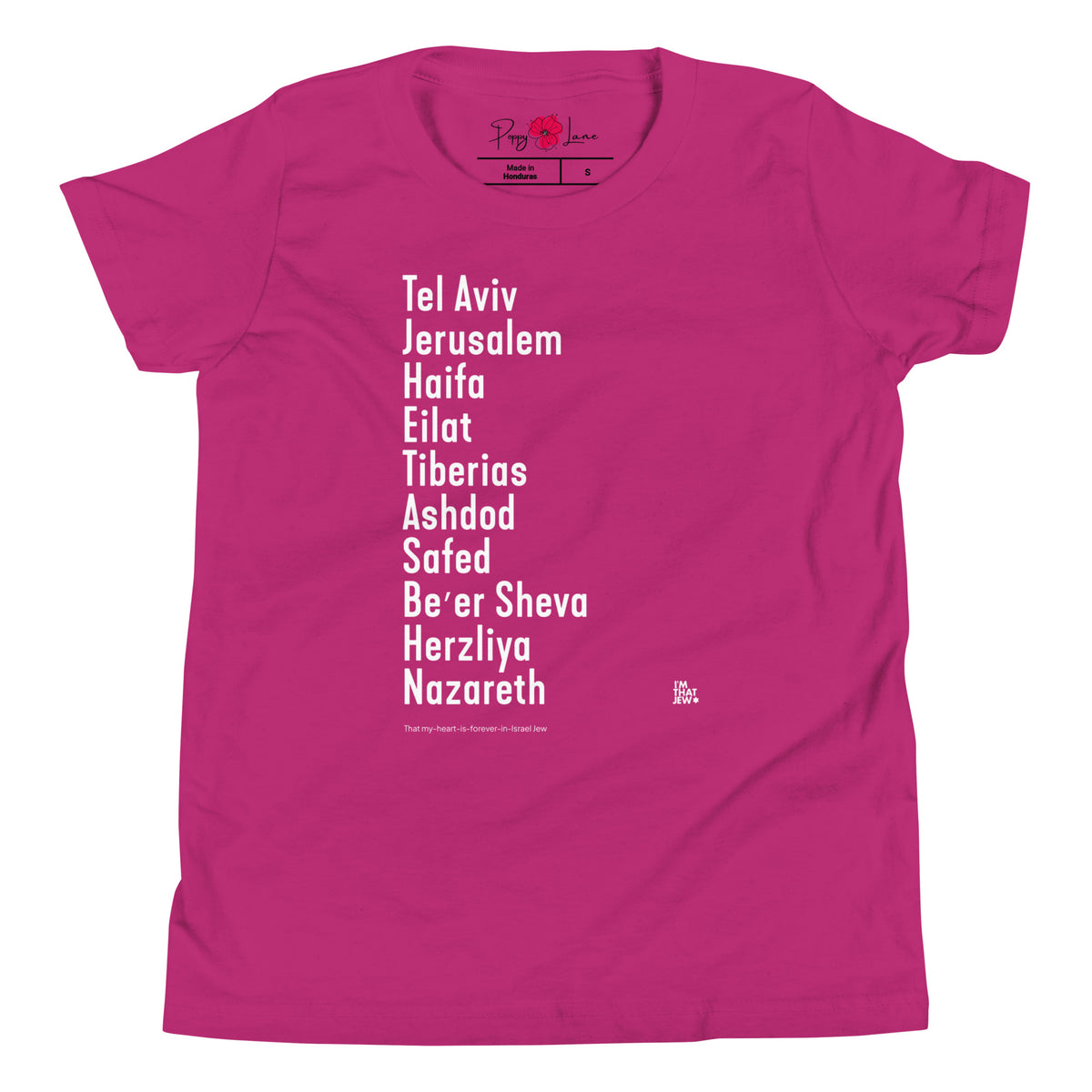 The Ten Israeli Cities youth T-shirt by Eitan Chitayat in Berry, front view of printed design