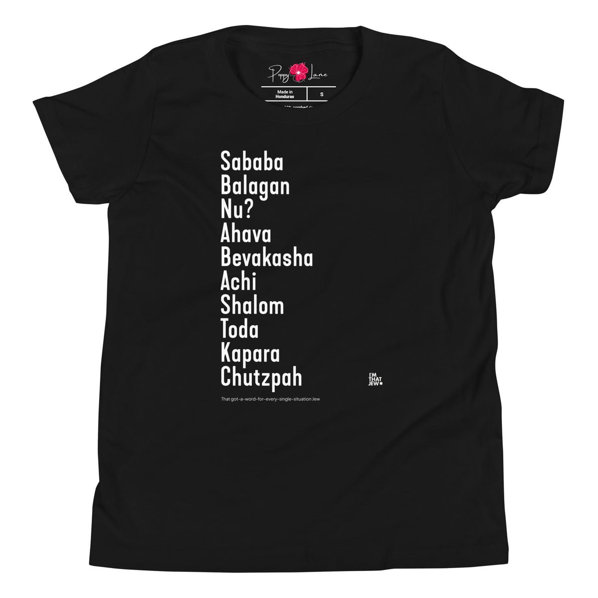 The Ten Hebrew Words youth T-shirt by Eitan Chitayat in Black, front view of printed design