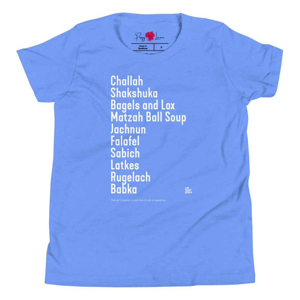 The Ten Jewish Foods youth T-shirt by Eitan Chitayat in Heather Columbia Blue, front view of printed design