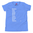The Ten Jewish Patriarchs youth T-shirt by Eitan Chitayat in Heather Columbia Blue, front view of printed design