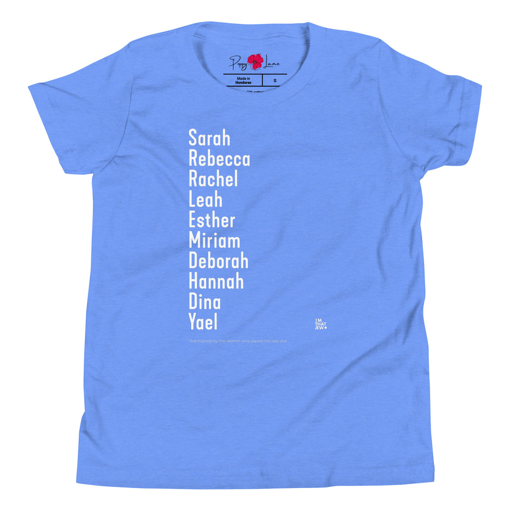 The Ten Jewish Matriarchs youth T-shirt by Eitan Chitayat in Heather Columbia Blue, front view of printed design