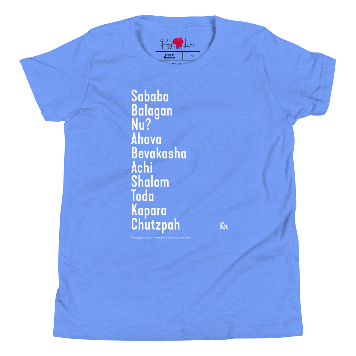 The Ten Hebrew Words youth T-shirt by Eitan Chitayat in Heather Columbia Blue, front view of printed design