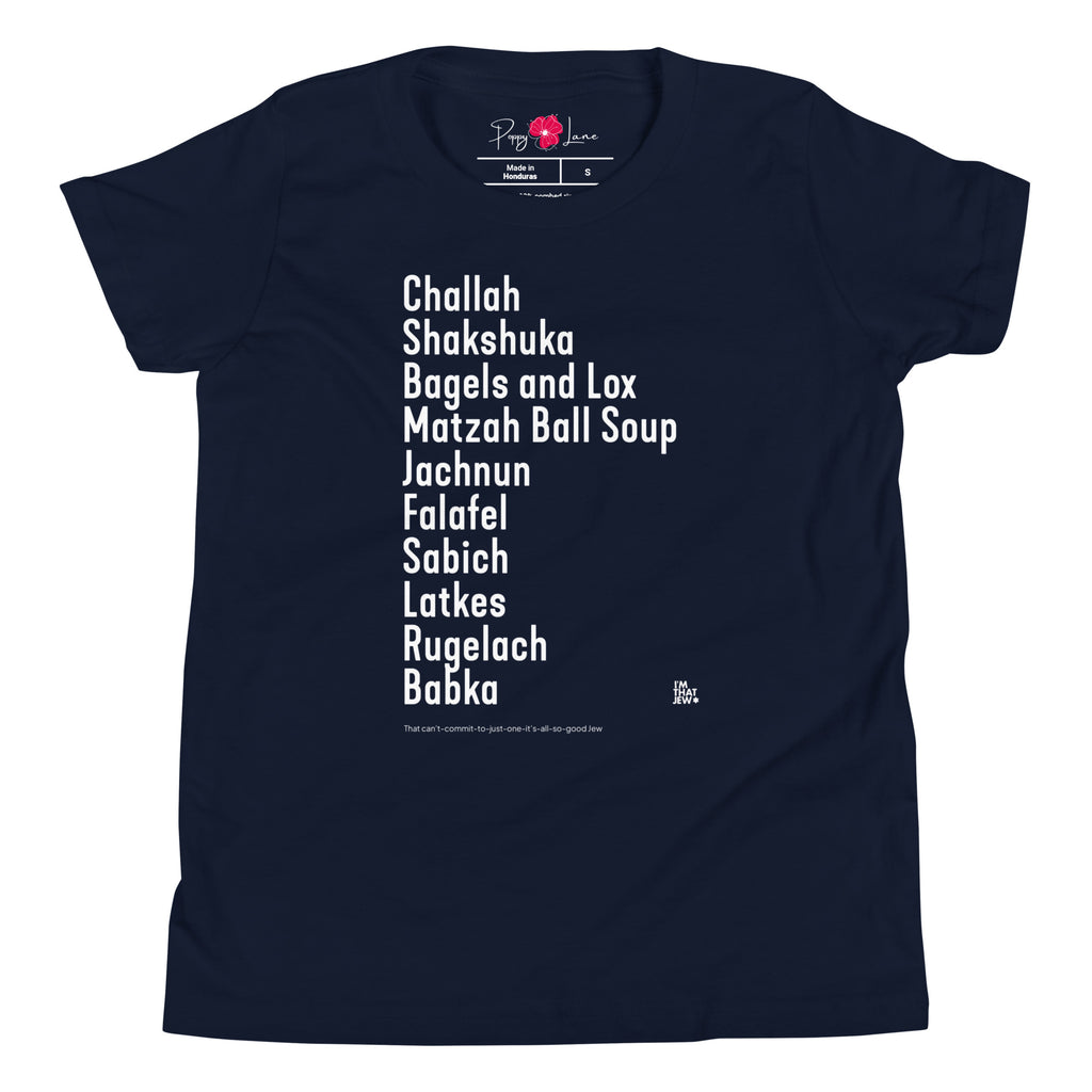 The Ten Jewish Foods youth T-shirt by Eitan Chitayat in Navy, front view of printed design