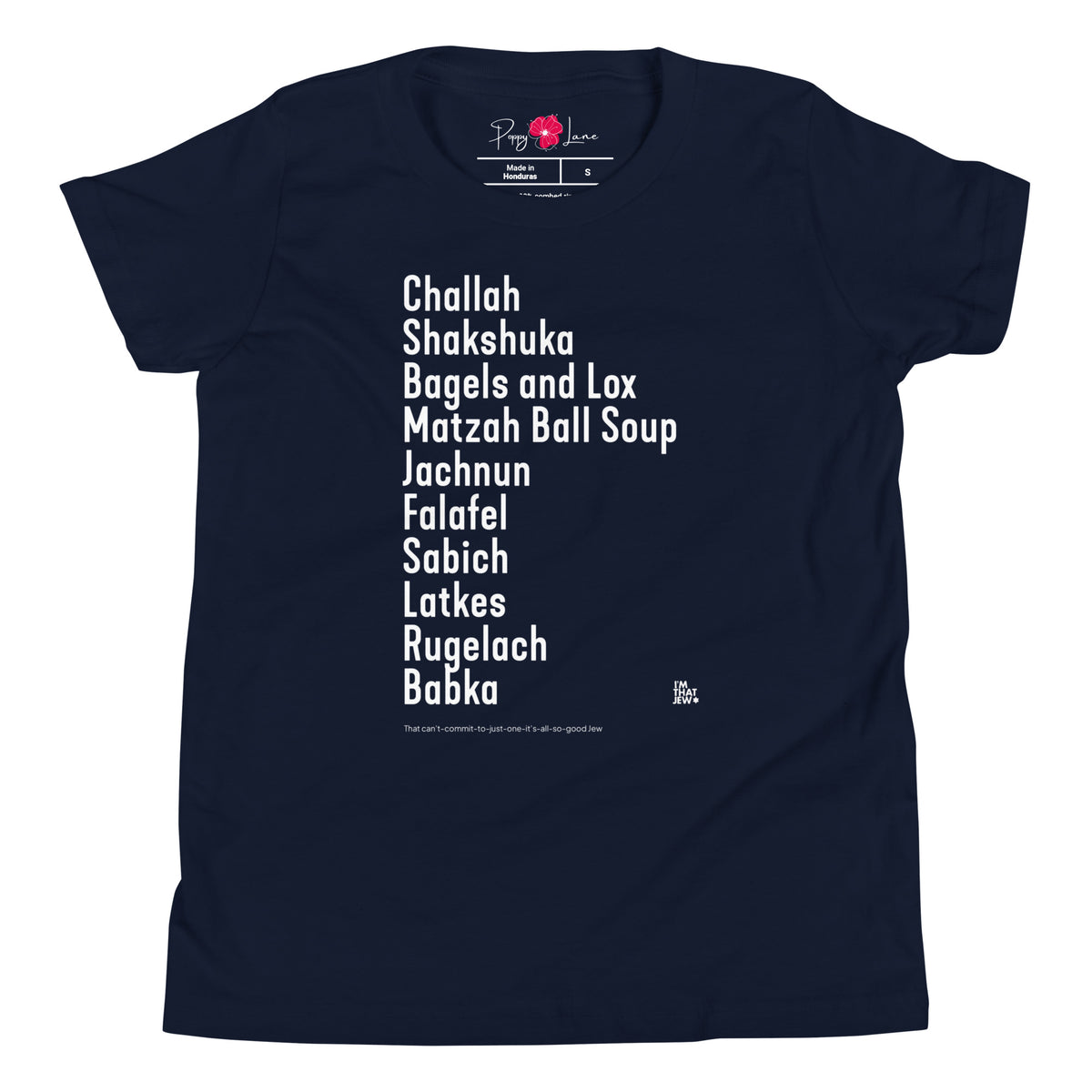 The Ten Jewish Foods youth T-shirt by Eitan Chitayat in Navy, front view of printed design