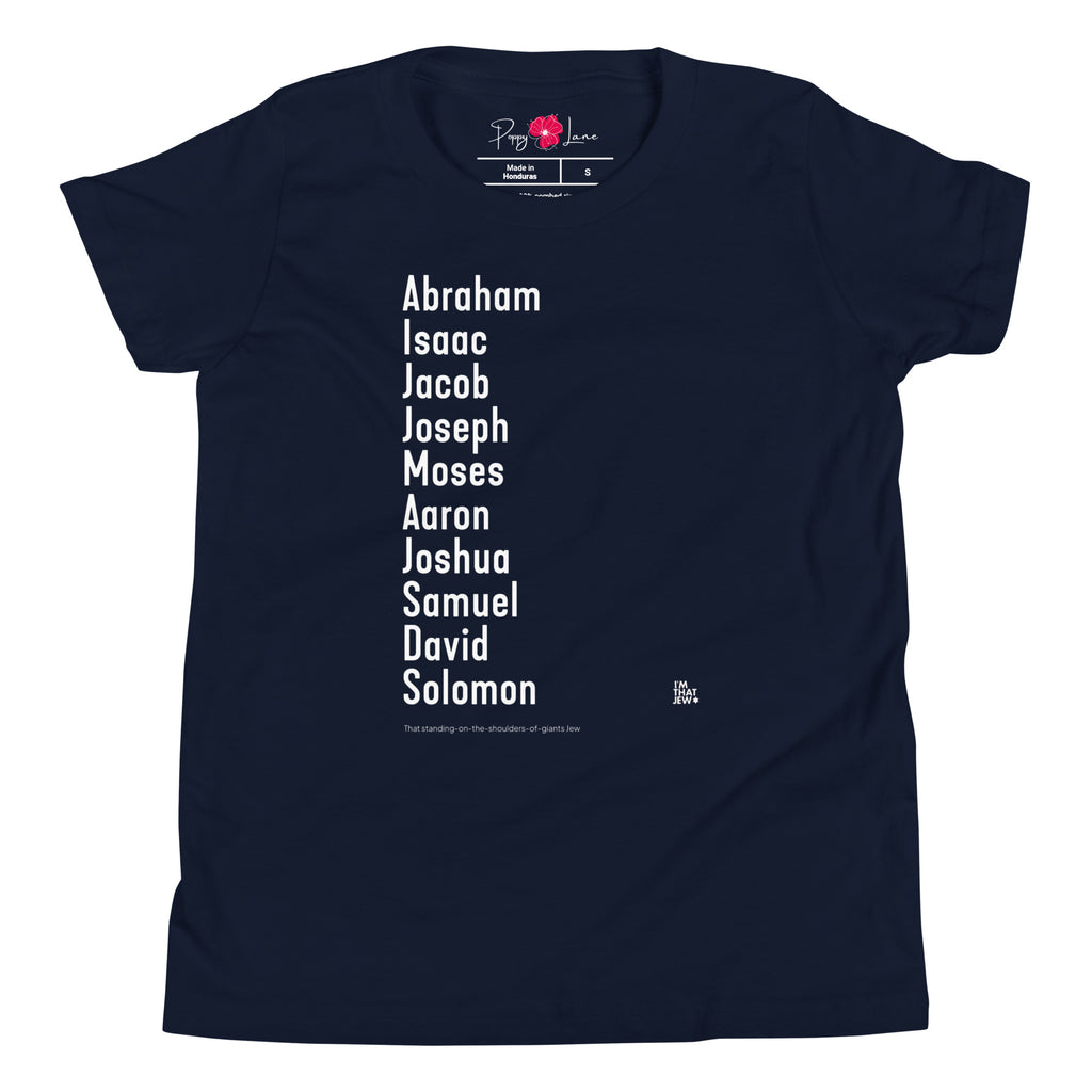 The Ten Jewish Patriarchs youth T-shirt by Eitan Chitayat in Navy, front view of printed design