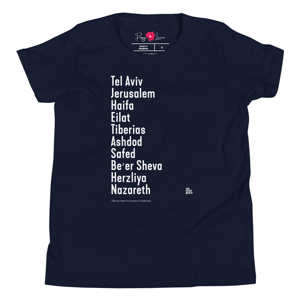 The Ten Israeli Cities youth T-shirt by Eitan Chitayat in Navy, front view of printed design