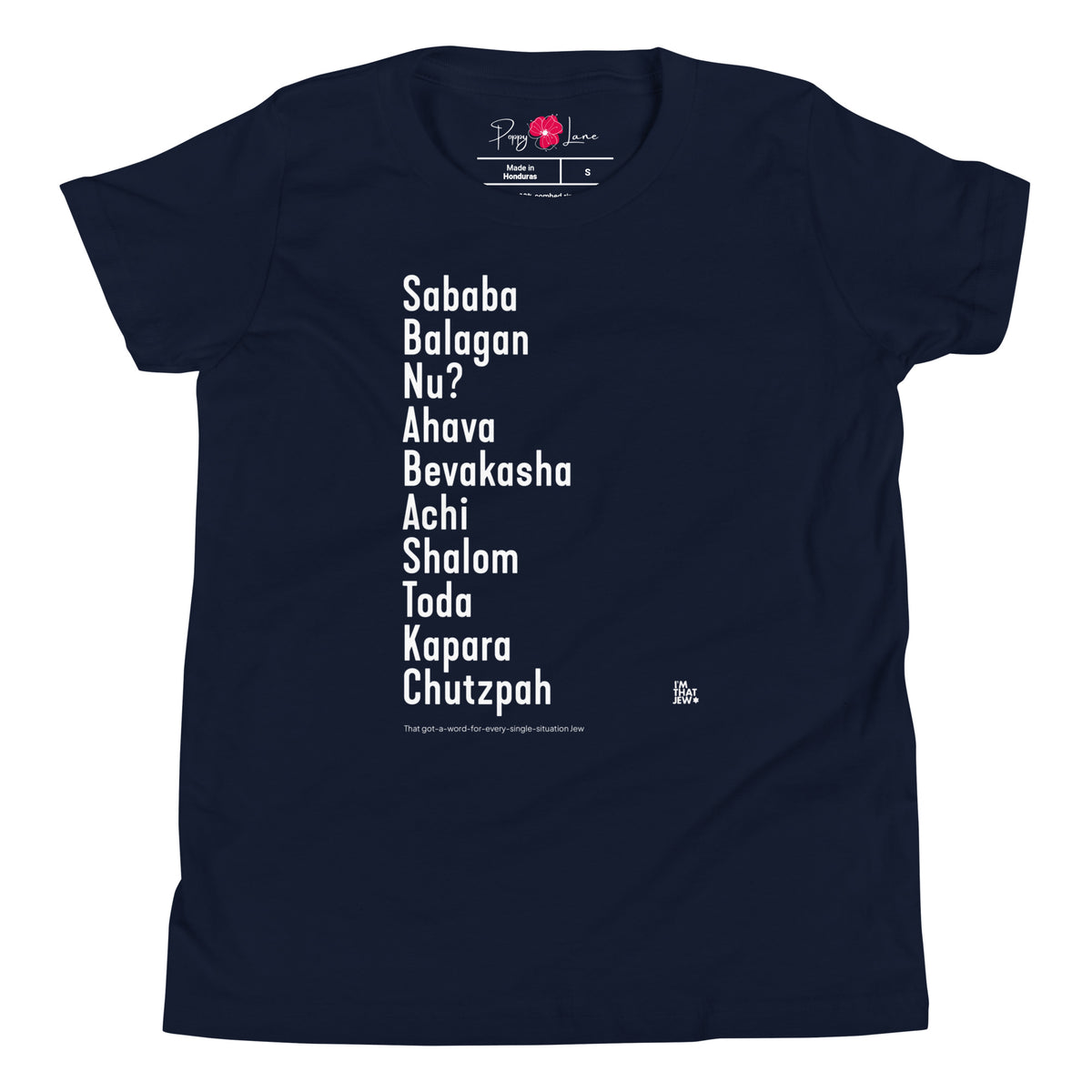 The Ten Hebrew Words youth T-shirt by Eitan Chitayat in Navy, front view of printed design