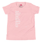 The Ten Jewish Matriarchs youth T-shirt by Eitan Chitayat in Pink, front view of printed design