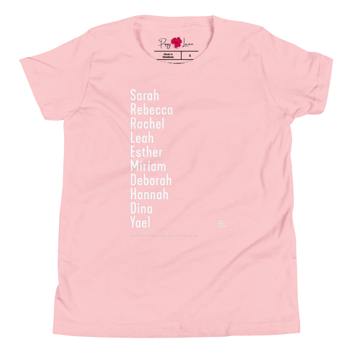 The Ten Jewish Matriarchs youth T-shirt by Eitan Chitayat in Pink, front view of printed design