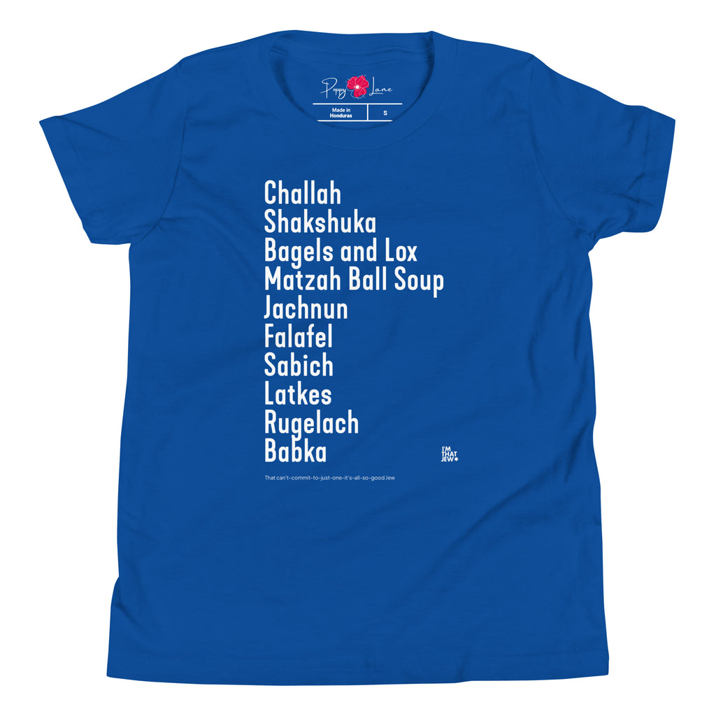 The Ten Jewish Foods youth T-shirt by Eitan Chitayat in True Royal, front view of printed design