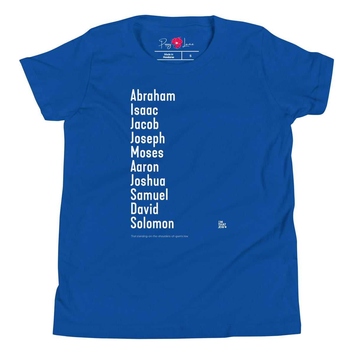 The Ten Jewish Patriarchs youth T-shirt by Eitan Chitayat in True Royal, front view of printed design